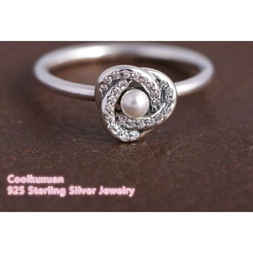 Mothers Day Original 925 Sterling Silver Luminous Love Knot, White Crystal Pearl & Clear CZ for Women Fashion Rings