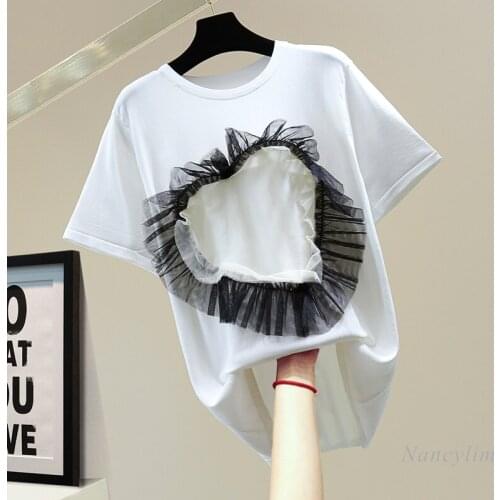 Oversized Tee T-Shirts Woman Love Contrast Color Mesh Stitching Stretch Ice Silk Knitted Tops 2021 Summer Korean Style Loose