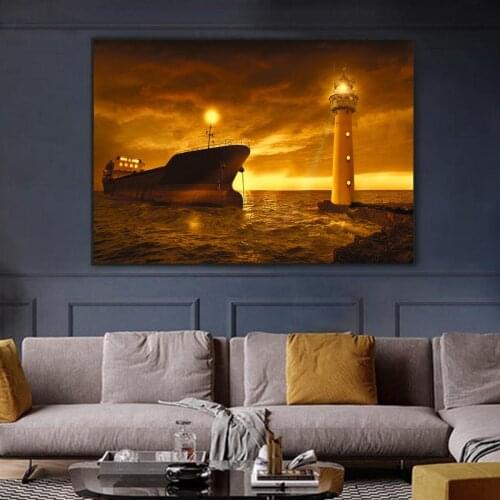 Ships Twilight Lighthouse Oil Canvas Paintings Art Paintings Living Room Decoration Paintings Hanging Paintings Poster Canvas