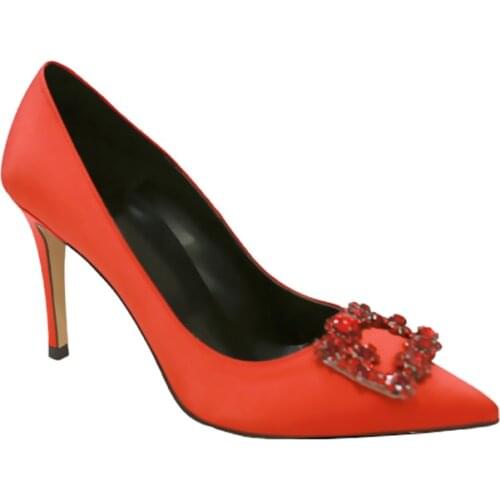 Red Rhinestone High Heels Square Buckle Pointed Toe Fine Heel Shoes Women Banquet Shoes Can Be Customized 6cm8cm Heel Size 33 42
