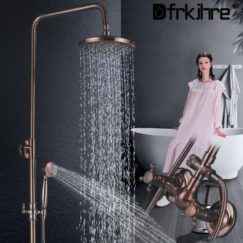 Bathroom Brass Shower Faucets Set 8'' Rainfall Shower Matte Red Wall Mount Dual Handle Mixer Tap Swivel Tub Spout Bath Shower