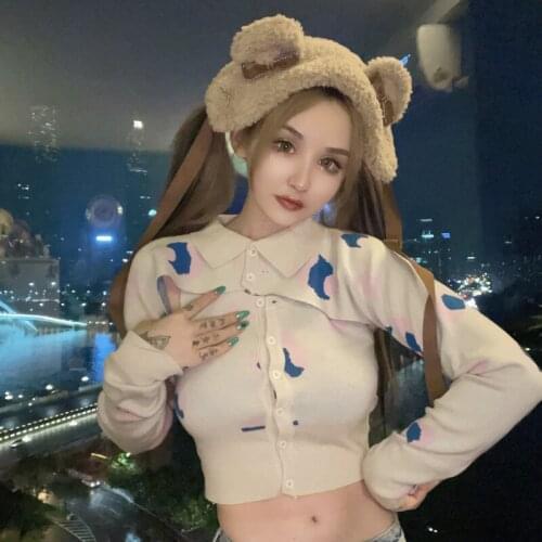 New Summer Girl Gothic Harajuku Knitted Button Love Jacquard Vest Y2K Hot Girl Long Sleeve Short Fashion Apricot Top