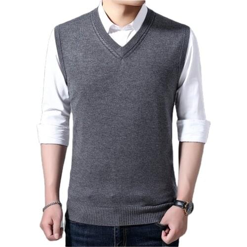 Wholesale Cheap Men Fashion V-neck Solid Color Plain Wool Knitted Pullover Sweater Vest