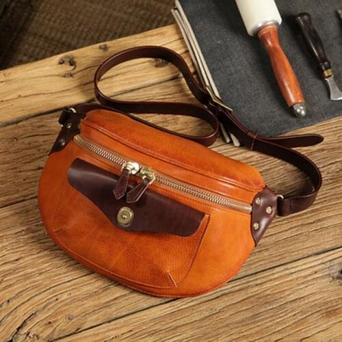 Original handmade leather new mens waist bag retro cowhide fold leather large-capacity motorcycle casual mens chest bag