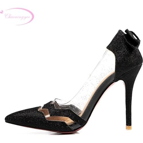 Chainingyee nightclub party sexy pointed toe pumps fashion knotbows glitter transparent high-heeled womens shoes big size