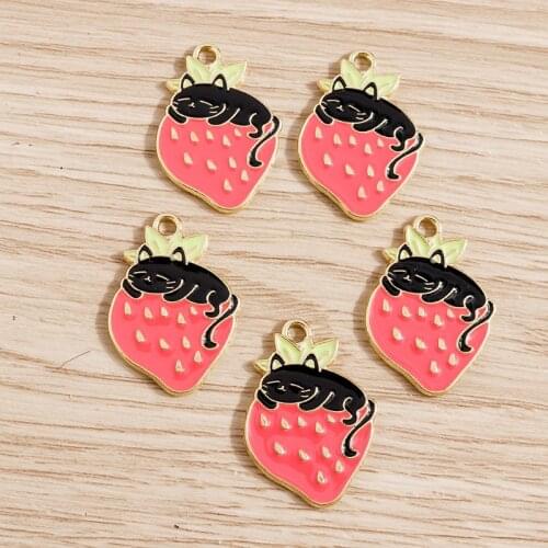 10pcs 18*25mm Enamel Strawberry Charms for Jewelry Making Cute Cat Charms Fit Pendants Necklaces Earrings Bracelets DIY Jewelry