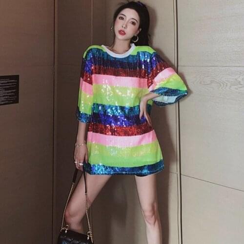 Summer Rainbow Stripes Casual Straight Three Quarter Sleeve O-neck Free Size Loose High Street Fashion Sequined Dress 9360