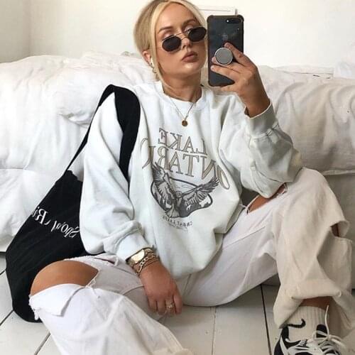 Casual Loose Oversized New Clothes Light Brown Vintage Brand Designer Letter Print Crewneck Sweatshirt Women Winter Cotton Tops