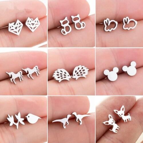 Stainless Steel Mickey Fox Cat Hedgehog Stud Earrings for Women Girls Jewelry Animal Accessories Gifts