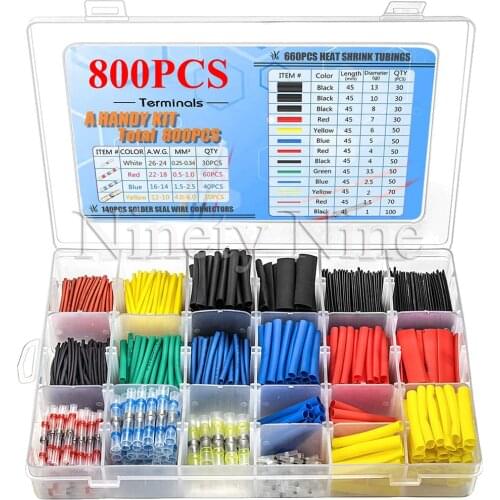 800PCS Solder Seal Wire Connectors & Heat Shrink Tubings Insulated Waterproof Electrical Butt Terminals Shrink Wrap Tubes