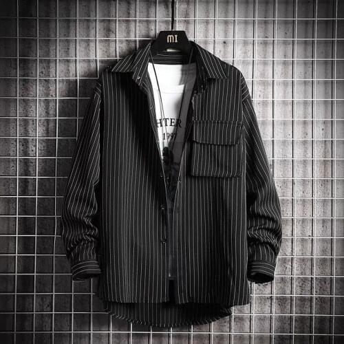 Japanese Spring Autumn Stripe Shirt Mens Fashion Handsome Plus Size Ruffian Thin Students Fairy Coat Trendy Streetwear Clothes