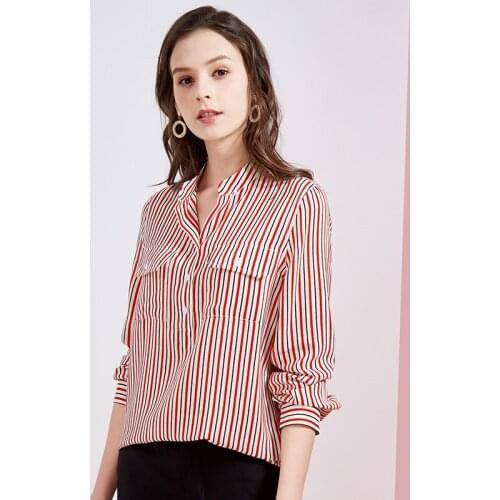 Womens Blouses and Tops Silkwhite red black striped Office Formal Casual Shirts Plus Large Size Spring Summer Sexy Haut Femme
