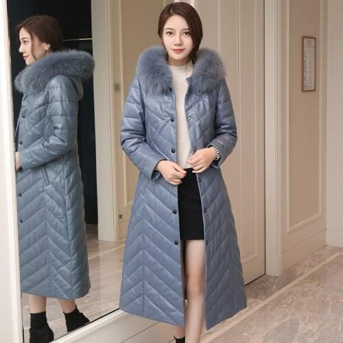 Sheepskin Coat Female Genuine Leather Jacket Fox Fur Collar Hooded Long Winter Down Coats jaqueta couro feminina WYQ764