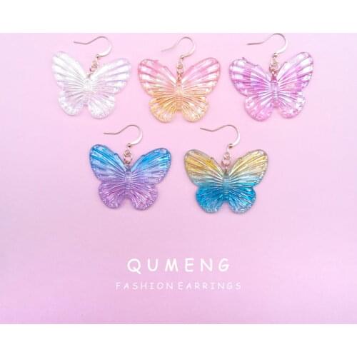 QUMENG 2020 Korean Dazzling Butterfly resin drop Earrings for women Fashion vintage cute Statement Wings dangle Earrings Jewelry