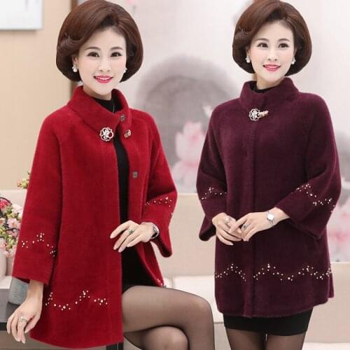 2019 Winter Elegant Women Faux Fur Coat High Quality Thick Imitation Mink Cashmere Knitted Cardigan Sweater Coat Mother Jacket