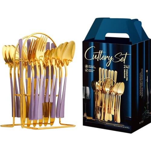 24pcs Purple Gold Western Dinnerware Set Stainless Steel Cutlery Fork Knife Spoon Tableware Flatware Home Dinner Silverware