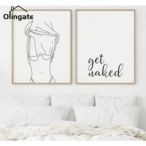 Abstract Black Line Fashion Canvas Painting Get Naked Sign Sexy Woman Canvas Art Get Naked Poster Picture Bathroom Home Decor