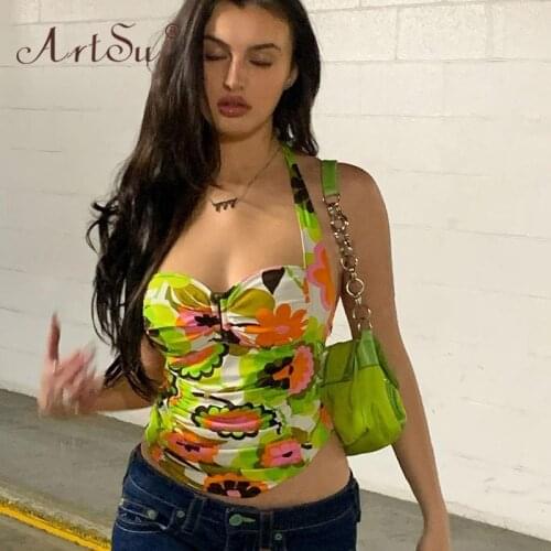 ArtSu Women 2021 Summer Crop Top Backless Halter Floral Print Lace Up Ruched Sexy Party Club Top Streetwear Female Tank Tops
