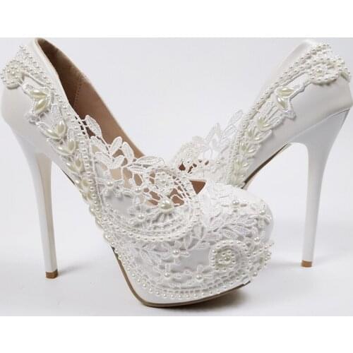 BaoYaFang White Pearl Fashion wedding shoes Bride High heels Platform shoes ladies Big size Round Toe party dress shoes woman