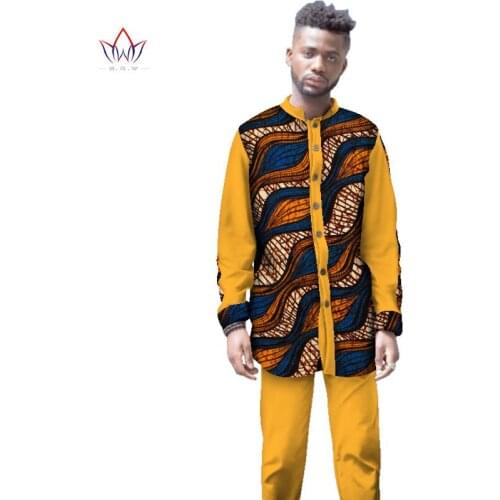 Bintarealwax New Autumn Men 2 pcs Set Dashiki Long Sleeve Plus Size African Clothes Patchwork Casual Style Men Clothes WYN485