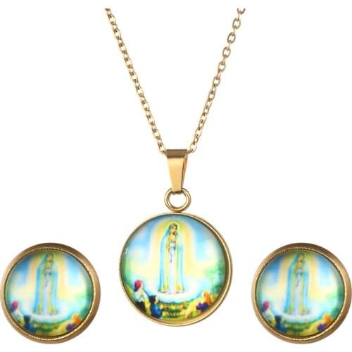 Virgin Mary Pendant Necklace Earrings Fashion Trendy Gold Color Wedding Jewelry Set
