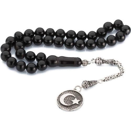 Large Beaded Jet Rosary (Tasbih) with Crescent Star Tassel