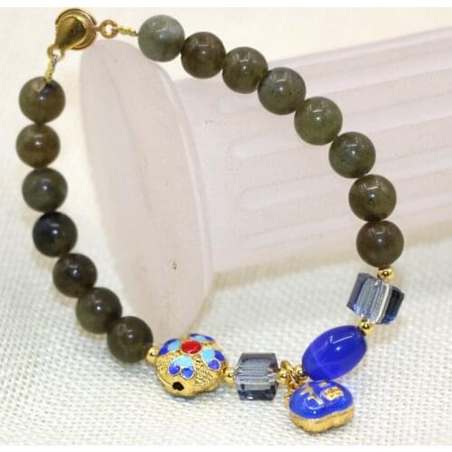Factory outlet elegant natural labradorite 8mm round beads stone strand bracelets cloisonne spacers jewelry 7.5inch B2913