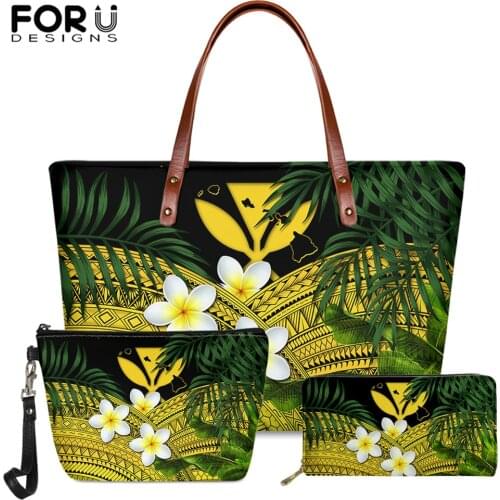 FORUDESIGNS New Arrival Hawaiian Plumeria Flower With Polynesian Pattern Women Handle Bag And PU Purse 3pcs Vintage Bolsa Mujer