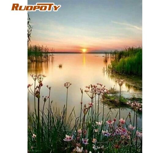 RUOPOTY Frame Picture Diy Painting By Numbers Sunset Lake Coloring By Numbers Acrylic Canvas Painting Handpainted Drawing Art