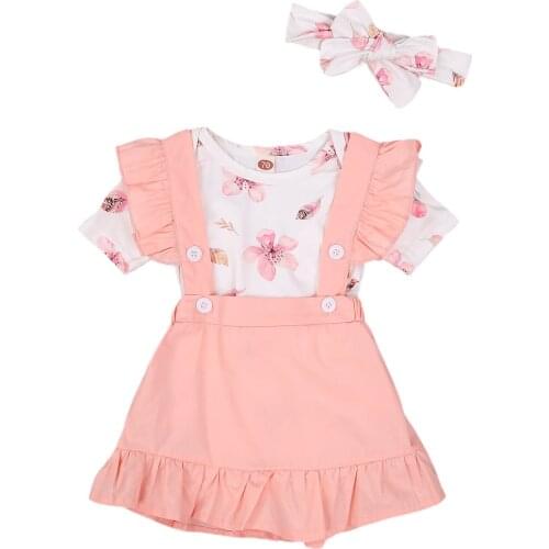 FOCUSNORM 0-18M Newborn Baby Girls Clothes Sets Ruffles Flowers Print Short Sleeve Romper+Bib Strap Dress Headband