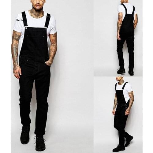 Mens Fashion Jeans Jumpsuits High Street Distressed Denim Bib Overalls for Man Suspender Pants Size