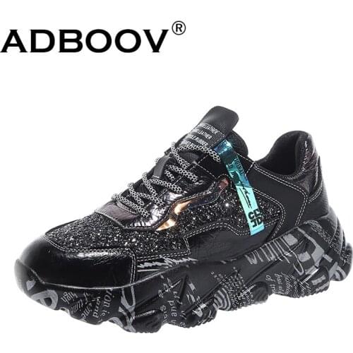 ADBOOV Bling Rhinestone Sneakers Women Fashion Platform Casual Shoes Letters Print Sole Ladies Sneaker