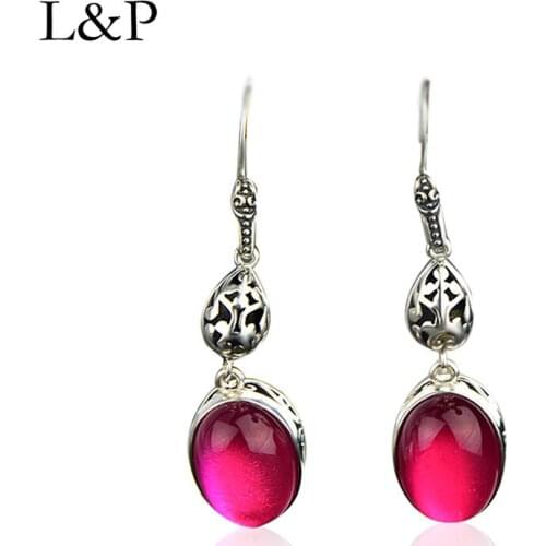 L&P New Fashion Real 925 Silver Red Carnelian Drop Earrings For Women Elegant Long Hollow Statement Earrings Women Jewelry