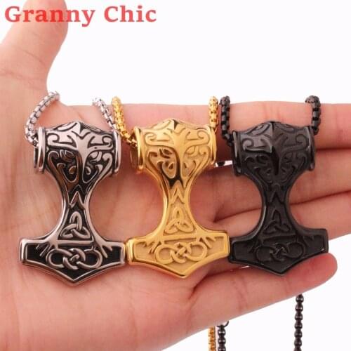 Granny Chic Fashion Mens Jewelry Big / Small Thors Hammer Mjolnir Stainless Steel Pendant with Chain Necklace Punk Rock Jewelry