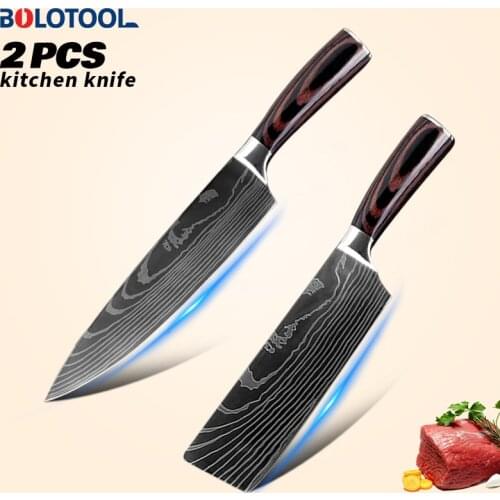 Knife Set Kitchen Damascus Laser Pattern 2PCs Japanese Chef Meat Vegetables Slicing Nakiri Cleaver Knives 440C Stainless Steel