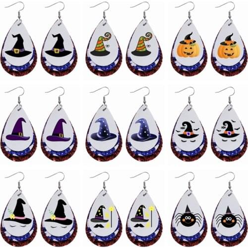 New Witch Hat Earrings Leather Earrings Cute Ghost Halloween Earrings Three Layers Glitter Teardrop