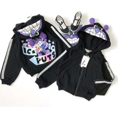 Tonytaobaby Autumn Solid Color Cartoon Printed Zipper Coat Black Hooded Unisex Childrens Wear