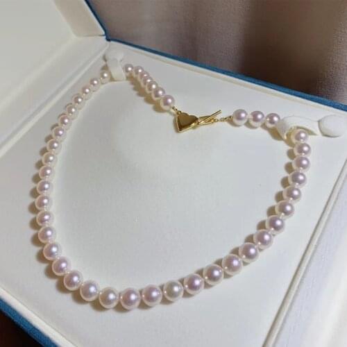 HENGSHENG Fine Jewelry Natural Ocean Akoya 8.5-9mm Round White Pearls Necklace for Women Fine Heart-shaped Clasp Pearls Necklace