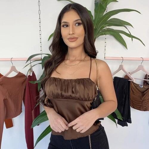 Sexy Solid Satin Black Striped Woman Camisole Lace Up Backless Pleated Spring Summer Female Tops Brown Fashion Clothes