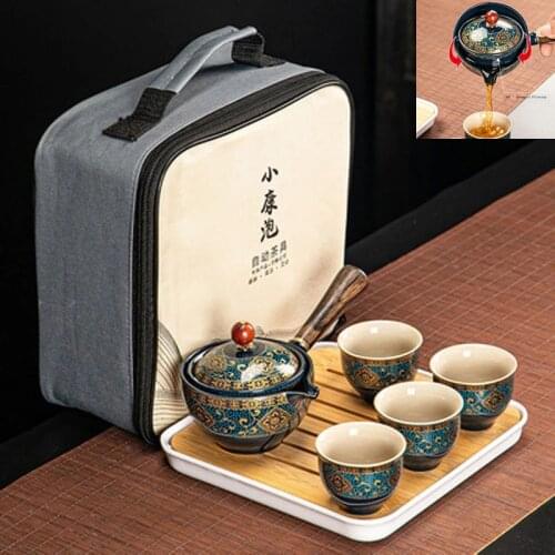 Portable Flower Exquisite Chinese Gongfu Kung Fu Tea Set Ceramic Teapot W/Wooden Handle Side-handle Pot Cup Teaware Dropshipping