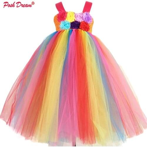 POSH DREAM Vintage Flower Girls Wedding Party Dresses Handmade Tulle Floral Rainbow Children Kids Baby Clothes for Birthday