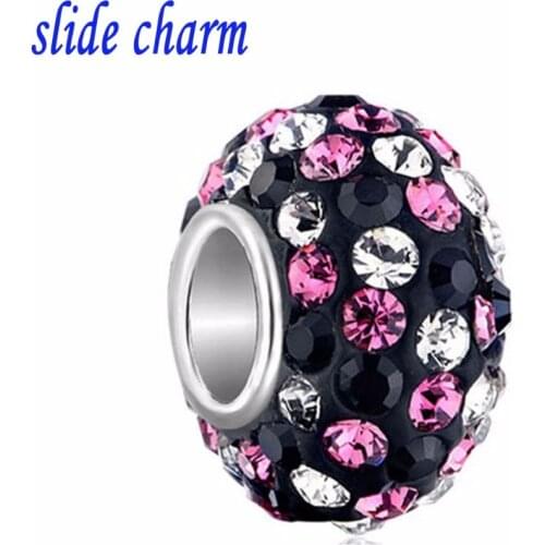 Slide charm Free shipping Valentine clay amulet black tricolor black white pink mixed crystal charm beads fit Pandora bracelet