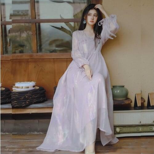 Streamer Loose Thin Improved Cheongsam Style Dress Fairy V Neck Gray Purple Bright Silk Two Piece Strap Dress Summer Beach Y1522