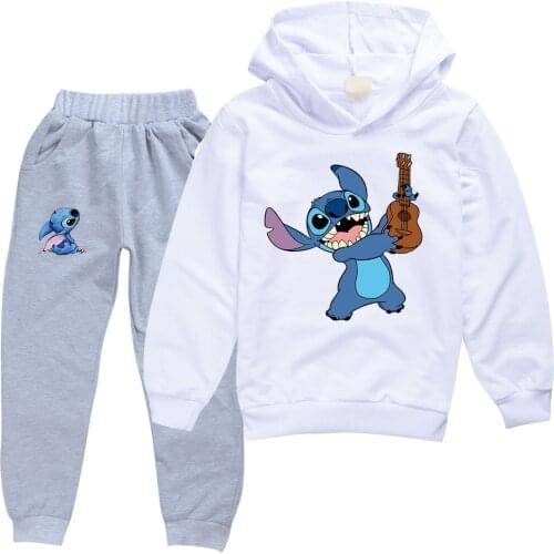 Stitch spring boys girls set Full Sleeve Hoodied Sweatshirt Pockets Pants Suit Two Piece Set Outfits sweatsuit