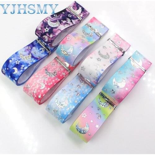 YJHSMY I-19430-1126,(1")25mm 10yards laser Silver Star moon love Printed grosgrain ribbon,bow cap Wedding Party DIY decorations