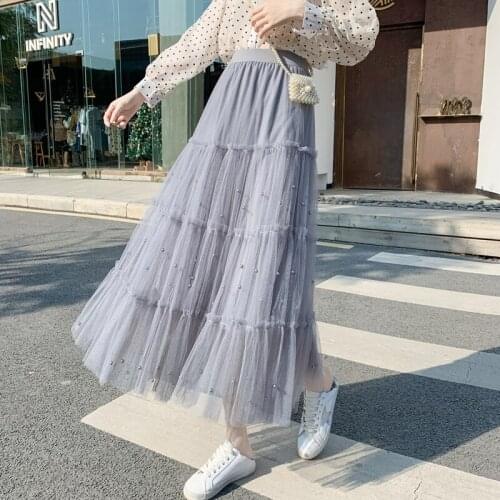 2021 New Summer Vintage Women Elastic High Waist Mesh Beading Skirts Long Pleated Female Mujer Faldas