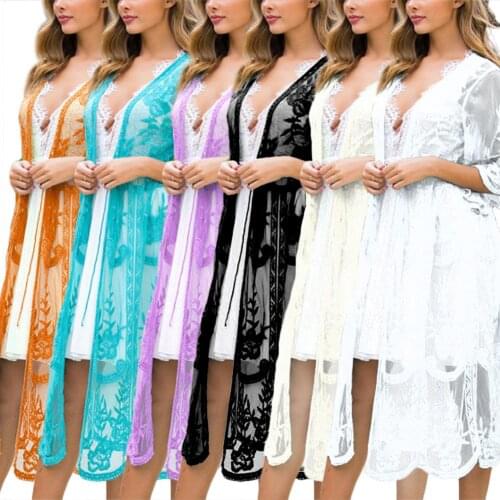 Beach Cover Up Women Lace Flower Flare Sleeve See Through Long Cardigan Bikini Outer Cover Up Loose Long Cardigan 2020 Coat