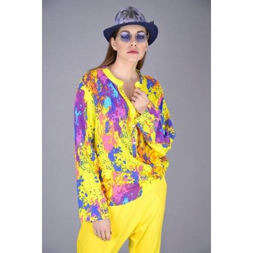Yellow Color Long Sleeve Shirt With Splash Pattern For Women 2021 New Fashion Chirping Tops Quality Cotton And Viscose Fabric