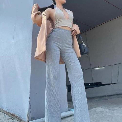 2021 Spring Female High Waist Streetwear Drawstring Bandage Casual Full Length Pants Women Slim Bell Bottom Ribbed Knitted Pants