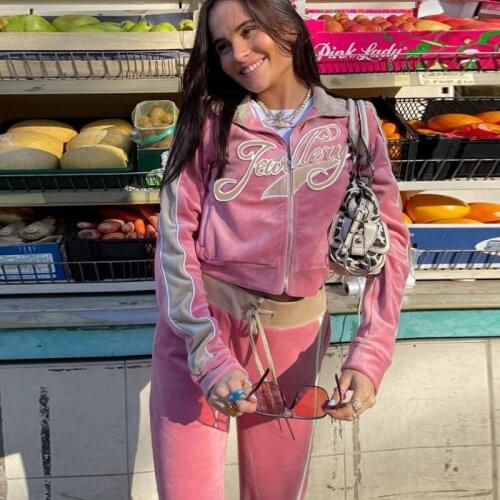 Women Tracksuit Embroidery Letter Velvet 2piece Set YICIYA Fitness Zip Sweatshirt+Sporty Sweatpants Matching Activity Outfit